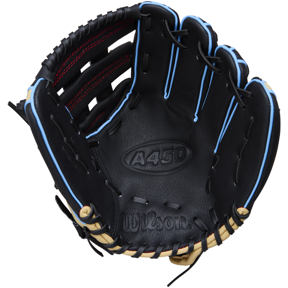 The Wilson A450 11″ Youth Baseball Glove (WBW10397811) features a black design with blue piping, tan laces, and red stitching accents on the interior. Made from top grain leather, the glove is open to display the engraved Wilson and A450 logos on the palm. It also includes a Quick Fit Wrist for a secure and comfortable fit.