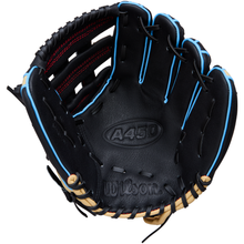 The Wilson A450 11″ Youth Baseball Glove (WBW10397811) features a black design with blue piping, tan laces, and red stitching accents on the interior. Made from top grain leather, the glove is open to display the engraved Wilson and A450 logos on the palm. It also includes a Quick Fit Wrist for a secure and comfortable fit.