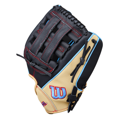 The Wilson A450 11″ Youth Baseball Glove (WBW10397811) is a black and tan youth glove from Wilson, crafted from top grain leather. It features red stitching, blue trim, and a distinctive red W logo on the thumb area. Designed with a Quick Fit Wrist for enhanced comfort, this glove is displayed against a white background.