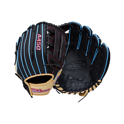 Two Wilson A450 11″ Youth Baseball Gloves (WBW10397811) in black are displayed—one showing the palm with light blue piping, tan accents, and red stitching, and the other revealing the back complete with visible Wilson branding, lacing details, and a Quick Fit Wrist. Expertly crafted from top grain leather for durability and performance, these youth baseball gloves are designed for young players.