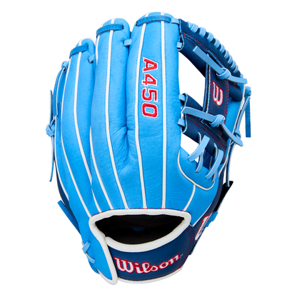 A Wilson A450 11.5″ Youth Baseball Glove (model WBW103981115), shown in blue with white stripes and red “A450” lettering on the back, features Quick Fit Wrist adjustment for a secure fit, with the palm side facing away.