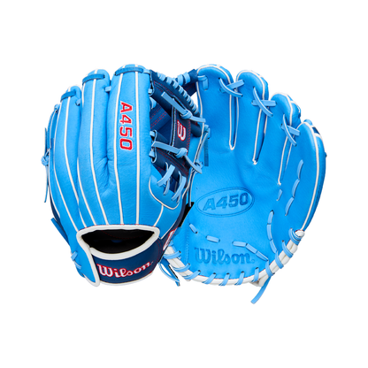 A pair of Wilson A450 11.5″ youth baseball gloves in blue, featuring white laces, red Wilson branding, and a Quick Fit Wrist design—one glove displaying the palm side and the other showing the back.