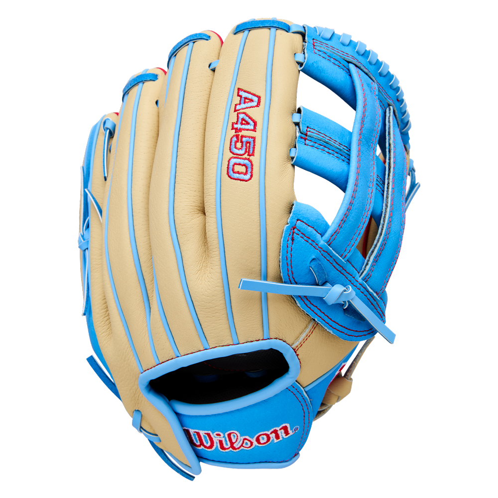 A Wilson A450 12″ Youth Baseball Glove (model WBW10398312) by Wilson is displayed on a white background, showcasing its tan and blue design with red stitching, top grain leather construction, and Quick Fit Wrist for enhanced comfort and control.