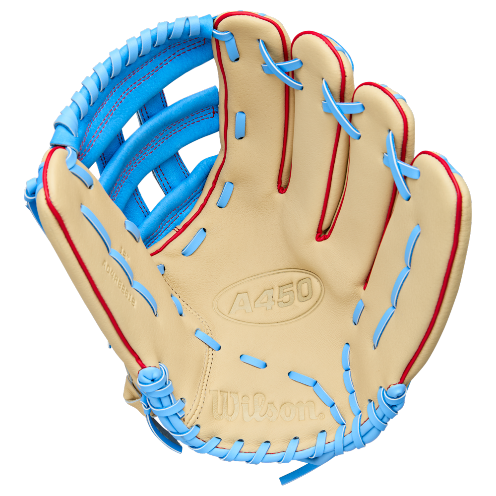 A Wilson A450 12″ Youth Baseball Glove (model WBW10398312) by Wilson, shown palm-side against a white background, features a beige design with light blue lacing, red trim, and prominent branding. Crafted from top grain leather, this youth glove includes a Quick Fit Wrist for added comfort and adjustability.