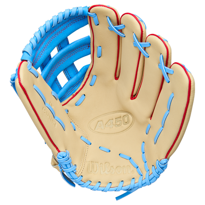 A Wilson A450 12″ Youth Baseball Glove (model WBW10398312) by Wilson, shown palm-side against a white background, features a beige design with light blue lacing, red trim, and prominent branding. Crafted from top grain leather, this youth glove includes a Quick Fit Wrist for added comfort and adjustability.