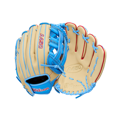 A pair of Wilson A450 12″ Youth Baseball Gloves (model WBW10398312) in tan and blue, constructed from top grain leather and displayed from both the front and back, featuring red stitching accents, Quick Fit Wrist adjustment, and the Wilson brand name visible on each glove.