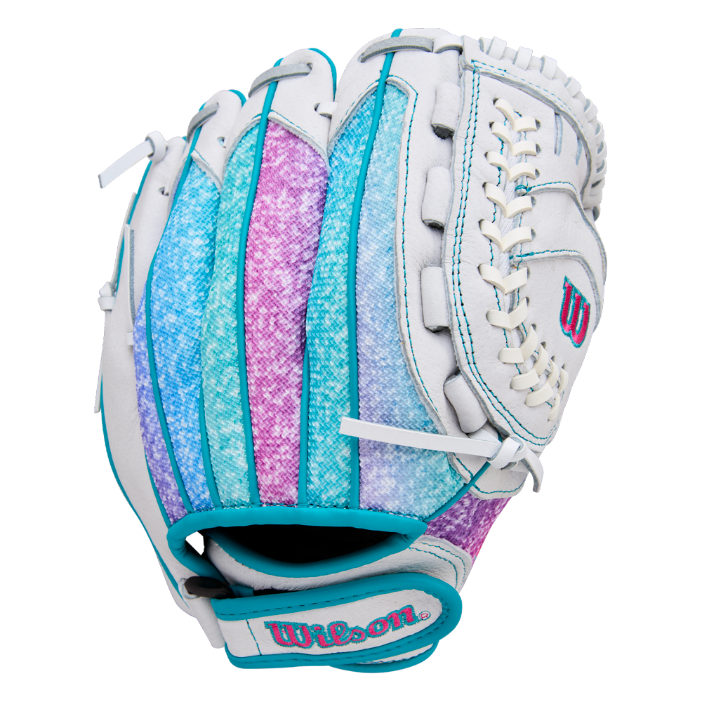 The Wilson Flash 11" Fastpitch Glove (WBW10398411) by Wilson features a white design with blue, teal, and purple gradient accents—perfect as an 11-inch softball glove for youth fastpitch players.