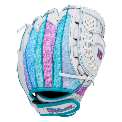 The Wilson Flash 11" Fastpitch Glove (WBW10398411) by Wilson features a white design with blue, teal, and purple gradient accents—perfect as an 11-inch softball glove for youth fastpitch players.