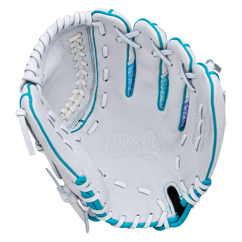 The Wilson Flash 11" Fastpitch Glove: WBW10398411 features white leather, teal accents, white lacing, and "Flash" embossed on the palm—ideal as a youth fastpitch softball glove. Brand: Wilson.