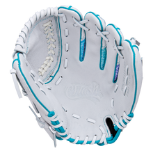 The Wilson Flash 11" Fastpitch Glove: WBW10398411 features white leather, teal accents, white lacing, and "Flash" embossed on the palm—ideal as a youth fastpitch softball glove. Brand: Wilson.