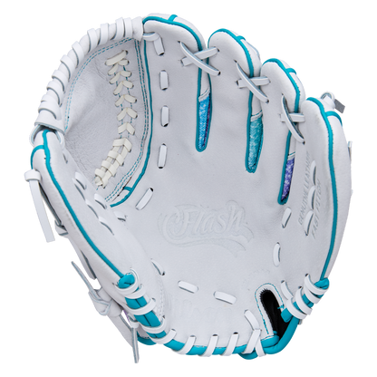 The Wilson Flash 11" Fastpitch Glove: WBW10398411 features white leather, teal accents, white lacing, and "Flash" embossed on the palm—ideal as a youth fastpitch softball glove. Brand: Wilson.