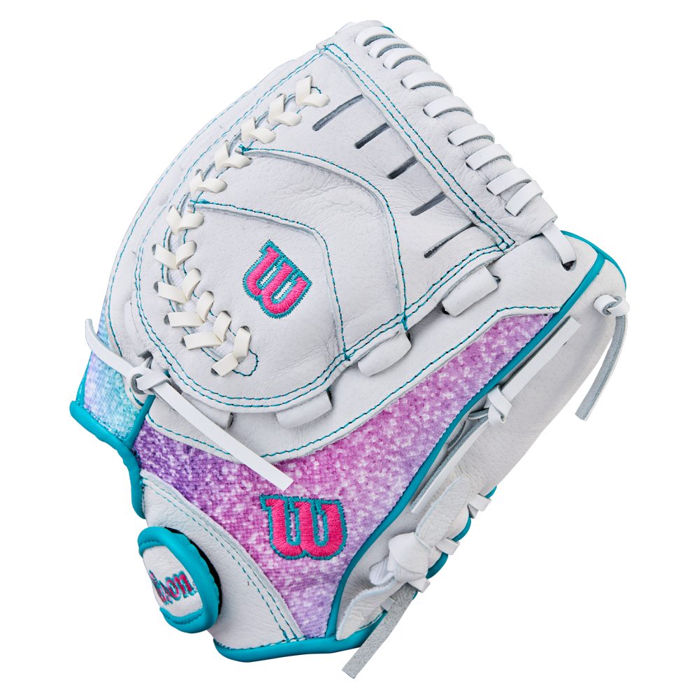 The Wilson Flash 11" Fastpitch Glove: WBW10398411 features a white base with teal and pink accents, purple textured details, teal stitching, and the Wilson logo—perfect as a youth fastpitch softball glove.