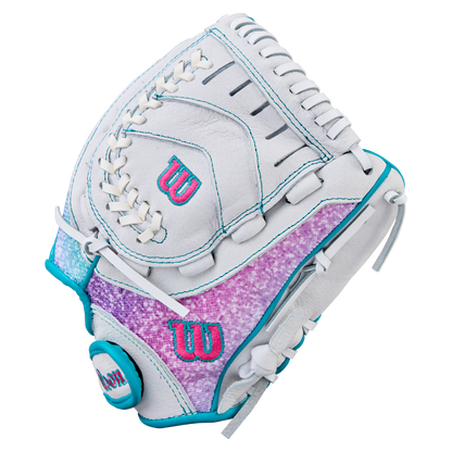 The Wilson Flash 11" Fastpitch Glove: WBW10398411 features a white base with teal and pink accents, purple textured details, teal stitching, and the Wilson logo—perfect as a youth fastpitch softball glove.