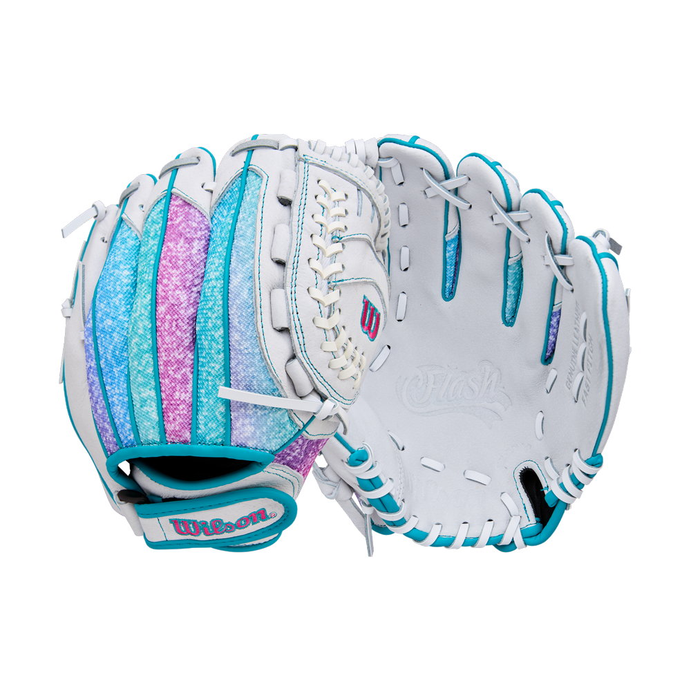 The Wilson Flash 11" Fastpitch Glove (WBW10398411) by Wilson is white with teal, pink, and purple glittery accents, teal stitching, and "Flash" embossed in the palm; shown open and closed on a white background.