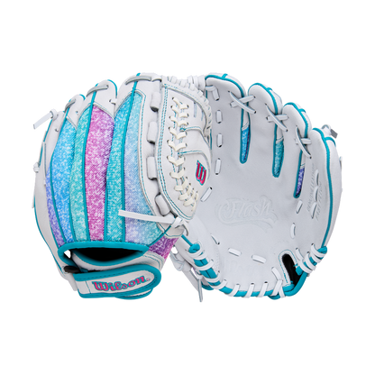 The Wilson Flash 11" Fastpitch Glove (WBW10398411) by Wilson is white with teal, pink, and purple glittery accents, teal stitching, and "Flash" embossed in the palm; shown open and closed on a white background.