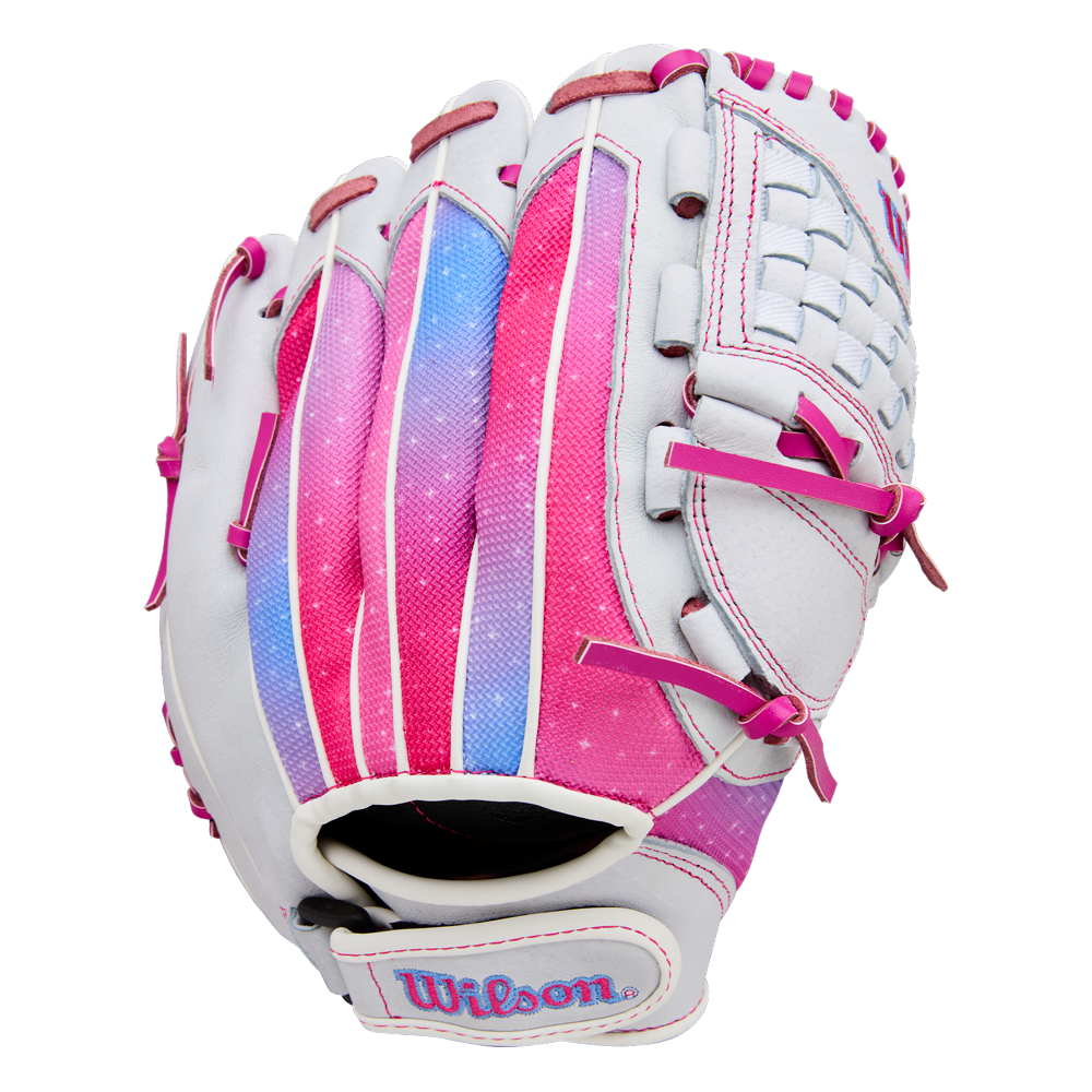 The Wilson Flash 11.5" Fastpitch Glove (WBW103985115) features a white design with pink, purple, and blue accents, pink laces, Wilson embroidered on the wrist strap, a woven web, and a gradient color pattern on the back.