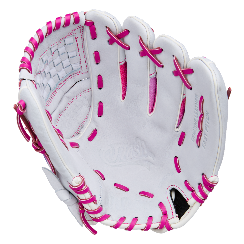 The Wilson Flash 11.5" Fastpitch Glove (WBW103985115) by Wilson is shown on a plain white background, featuring a woven pocket, open back, and white color with pink laces and accents.