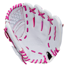 The Wilson Flash 11.5" Fastpitch Glove (WBW103985115) by Wilson is shown on a plain white background, featuring a woven pocket, open back, and white color with pink laces and accents.