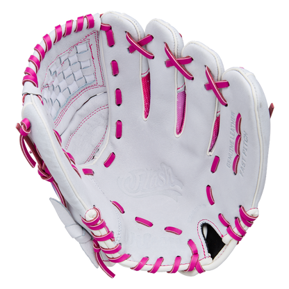 The Wilson Flash 11.5" Fastpitch Glove (WBW103985115) by Wilson is shown on a plain white background, featuring a woven pocket, open back, and white color with pink laces and accents.