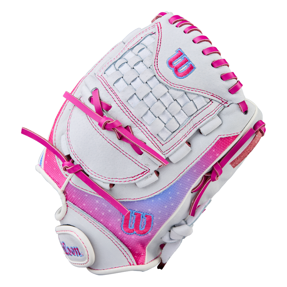 The Wilson Flash 11.5" Fastpitch Glove (WBW103985115) features pink and purple accents, pink laces, a woven web, the Wilson W logo in pink and blue, plus a speckled gradient design for standout style.