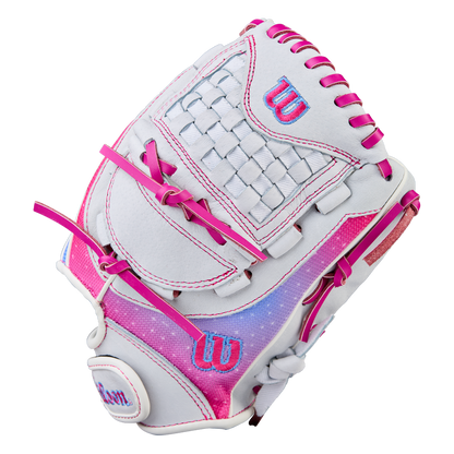 The Wilson Flash 11.5" Fastpitch Glove (WBW103985115) features pink and purple accents, pink laces, a woven web, the Wilson W logo in pink and blue, plus a speckled gradient design for standout style.