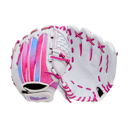 A pair of white Wilson Flash 11.5" Fastpitch Gloves (WBW103985115) with pink laces and accents are shown. The left glove displays a colorful pink, purple, and blue strip on the back, both set against a plain white background.