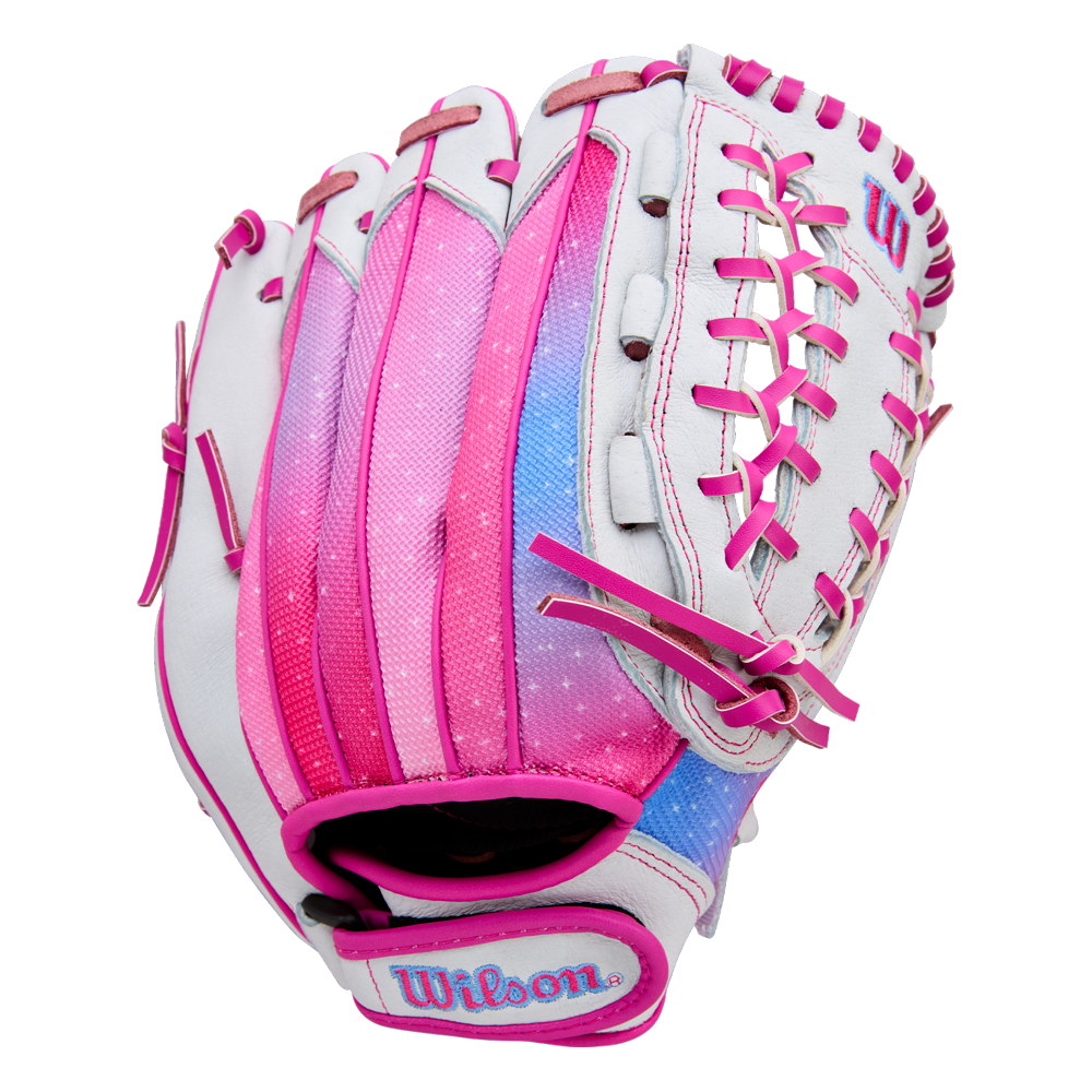 The Wilson Flash 12" Fastpitch Glove (WBW10398712) by Wilson is a white youth glove with pink laces, pink and blue gradient accents on the back, shown against a plain white background.