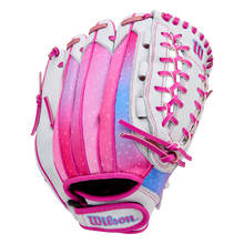 The Wilson Flash 12" Fastpitch Glove (WBW10398712) by Wilson is a white youth glove with pink laces, pink and blue gradient accents on the back, shown against a plain white background.