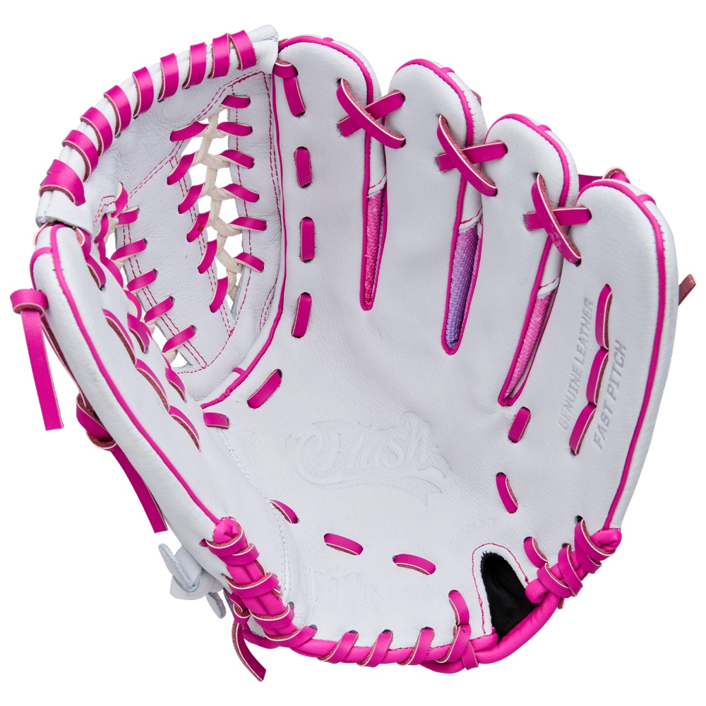 The Wilson Flash 12" Fastpitch Glove (WBW10398712) by Wilson is shown open, highlighting its white design with pink laces and accents against a plain white background.
