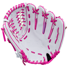 The Wilson Flash 12" Fastpitch Glove (WBW10398712) by Wilson is shown open, highlighting its white design with pink laces and accents against a plain white background.
