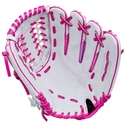 The Wilson Flash 12" Fastpitch Glove (WBW10398712) by Wilson is shown open, highlighting its white design with pink laces and accents against a plain white background.