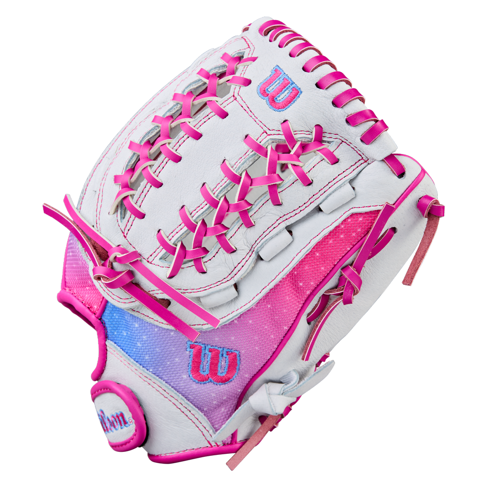 The Wilson Flash 12" Fastpitch Glove (WBW10398712) by Wilson features a white design with bright pink laces, blue and pink gradient accents, and the A440 Flash logo stitched in blue and pink on the thumb and back.