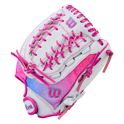 The Wilson Flash 12" Fastpitch Glove (WBW10398712) by Wilson features a white design with bright pink laces, blue and pink gradient accents, and the A440 Flash logo stitched in blue and pink on the thumb and back.