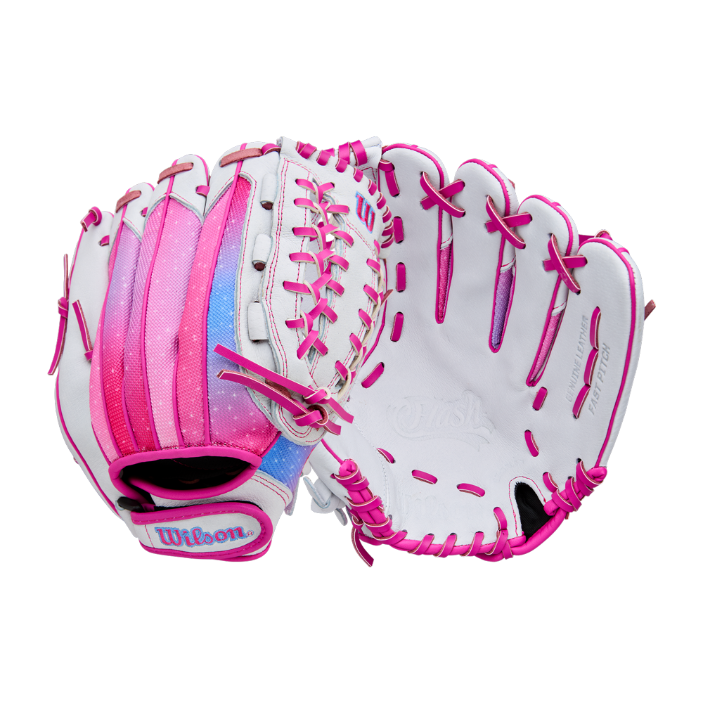 The Wilson Flash 12" Fastpitch Glove (WBW10398712) by Wilson is shown front and back on a white background, featuring white leather with pink and magenta accents, pink stitching, and gradient pink-blue details.