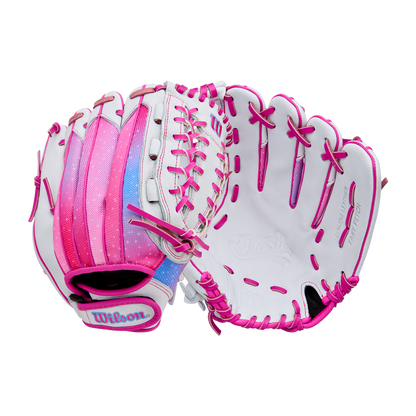 The Wilson Flash 12" Fastpitch Glove (WBW10398712) by Wilson is shown front and back on a white background, featuring white leather with pink and magenta accents, pink stitching, and gradient pink-blue details.