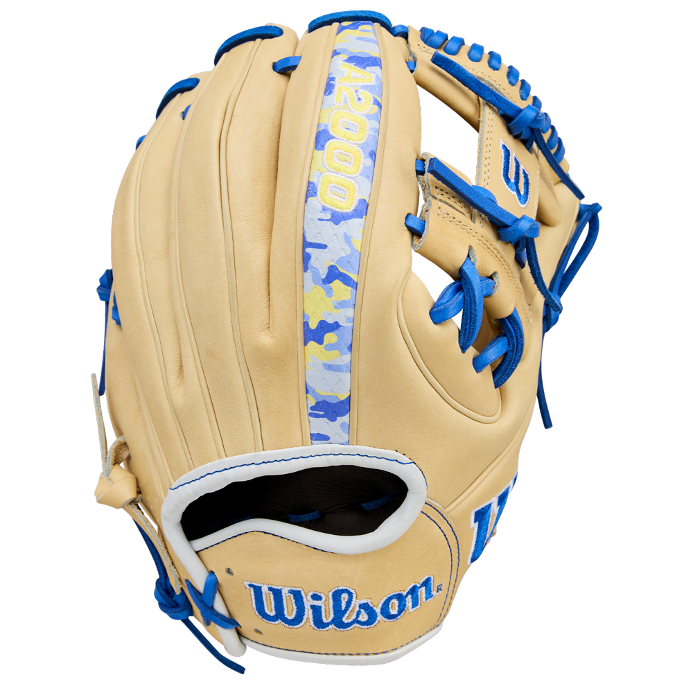 The Wilson A2000 BWJ7 11.75" Bobby Witt Jr. GM Baseball Glove (WBW1040681175) features tan Pro Stock leather, blue laces, blue and white Wilson branding, and a blue, white, and yellow camo back strip.