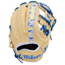 The Wilson A2000 BWJ7 11.75" Bobby Witt Jr. GM Baseball Glove (WBW1040681175) features tan Pro Stock leather, blue laces, blue and white Wilson branding, and a blue, white, and yellow camo back strip.