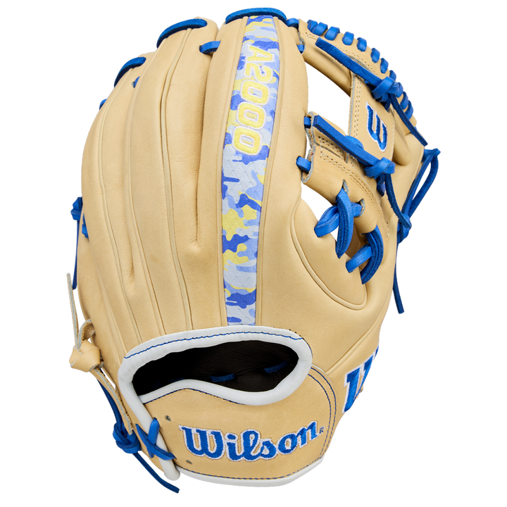 The Wilson A2000 BWJ7 11.75" Bobby Witt Jr. GM Baseball Glove (WBW1040681175) features tan Pro Stock leather, blue laces, blue and white Wilson branding, and a blue, white, and yellow camo back strip.