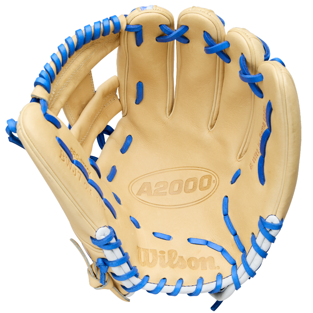 A tan Wilson A2000 BWJ7 11.75" Bobby Witt Jr. GM Baseball Glove (WBW1040681175) features blue lacing on the edges and fingers, Pro Stock leather, and is shown open with the palm forward, just like Bobby Witt Jr.'s infield glove.