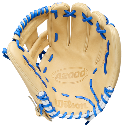 A tan Wilson A2000 BWJ7 11.75" Bobby Witt Jr. GM Baseball Glove (WBW1040681175) features blue lacing on the edges and fingers, Pro Stock leather, and is shown open with the palm forward, just like Bobby Witt Jr.'s infield glove.