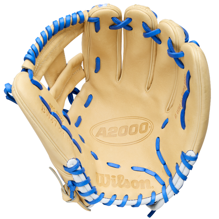 A tan Wilson A2000 BWJ7 11.75" Bobby Witt Jr. GM Baseball Glove (WBW1040681175) features blue lacing on the edges and fingers, Pro Stock leather, and is shown open with the palm forward, just like Bobby Witt Jr.'s infield glove.