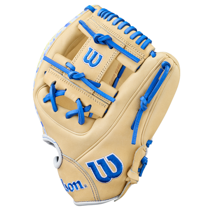 The Wilson A2000 BWJ7 11.75" Bobby Witt Jr. GM baseball glove (WBW1040681175) features tan Pro Stock leather, blue laces, and blue W logos, shown against a plain white background.