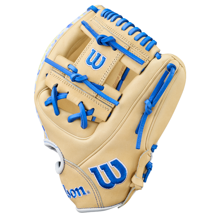 The Wilson A2000 BWJ7 11.75" Bobby Witt Jr. GM baseball glove (WBW1040681175) features tan Pro Stock leather, blue laces, and blue W logos, shown against a plain white background.