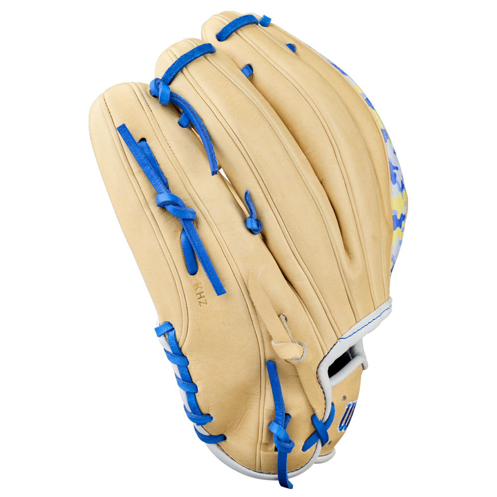 A Wilson A2000 BWJ7 11.75" Bobby Witt Jr. GM Baseball Glove (WBW1040681175) in tan with blue laces and accents, made from Pro Stock leather with a partial patterned design near the wrist, shown on a white background.
