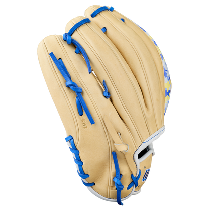 A Wilson A2000 BWJ7 11.75" Bobby Witt Jr. GM Baseball Glove (WBW1040681175) in tan with blue laces and accents, made from Pro Stock leather with a partial patterned design near the wrist, shown on a white background.