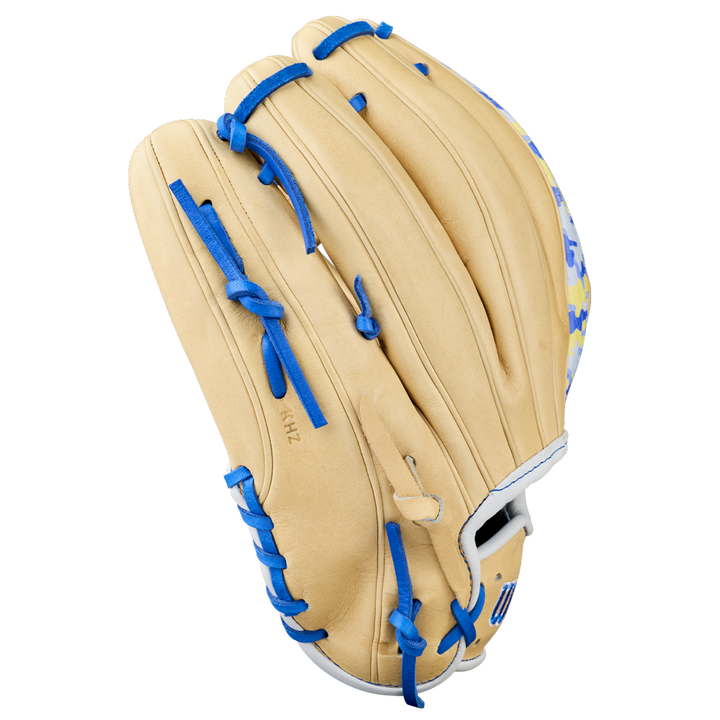 A Wilson A2000 BWJ7 11.75" Bobby Witt Jr. GM Baseball Glove (WBW1040681175) in tan with blue laces and accents, made from Pro Stock leather with a partial patterned design near the wrist, shown on a white background.