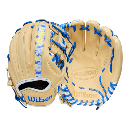 The Wilson A2000 BWJ7 11.75" Bobby Witt Jr. GM Baseball Glove (WBW1040681175) is beige Pro Stock leather with blue laces, blue camo wrist strap, and Wilson branding; inspired by Bobby Witt Jr., shown front and back.