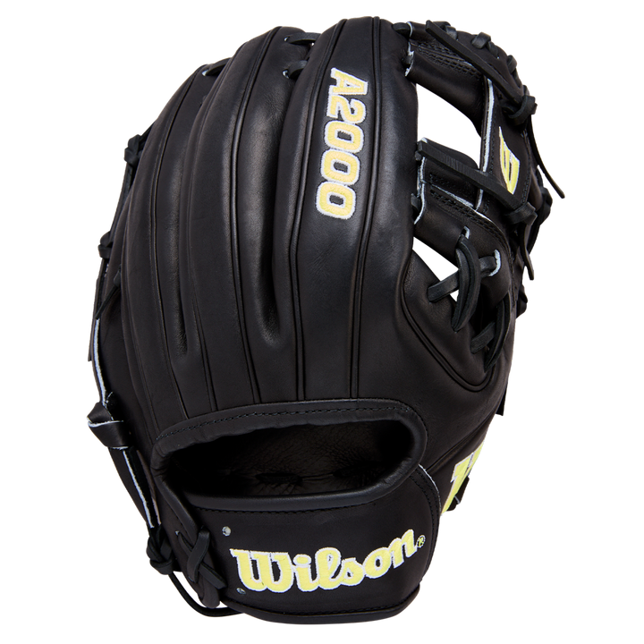 The Wilson A2000 1788 11.25" Baseball Glove (WBW1041051125), crafted from Pro Stock Leather with yellow and white stitching, is shown in black against a plain white background—offering premium quality for serious players.