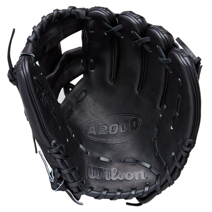 The Wilson A2000 1788 11.25" Baseball Glove (WBW1041051125) is shown open, featuring black Pro Stock Leather, visible lacing, and Wilson branding on the palm.