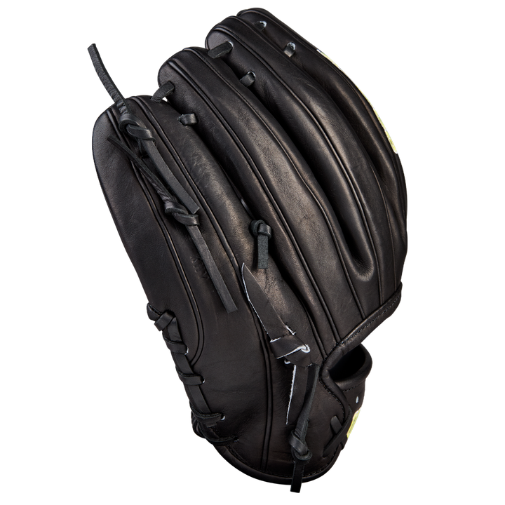 A Wilson A2000 1788 11.25" Baseball Glove (WBW1041051125) made of Pro Stock Leather is shown upright from the back, highlighting its black color, visible stitching, and laces against a white background.